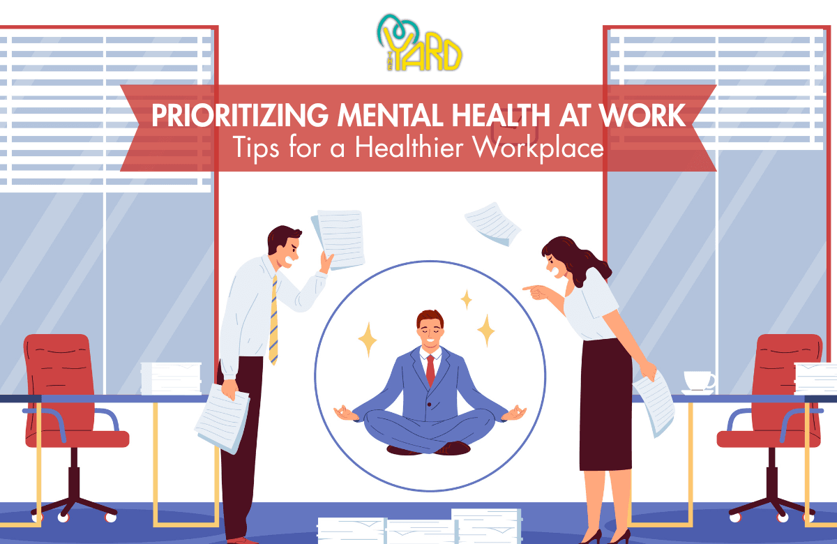 Prioritizing Mental Health at Work illustration showing an employee meditating while handling workplace stress.