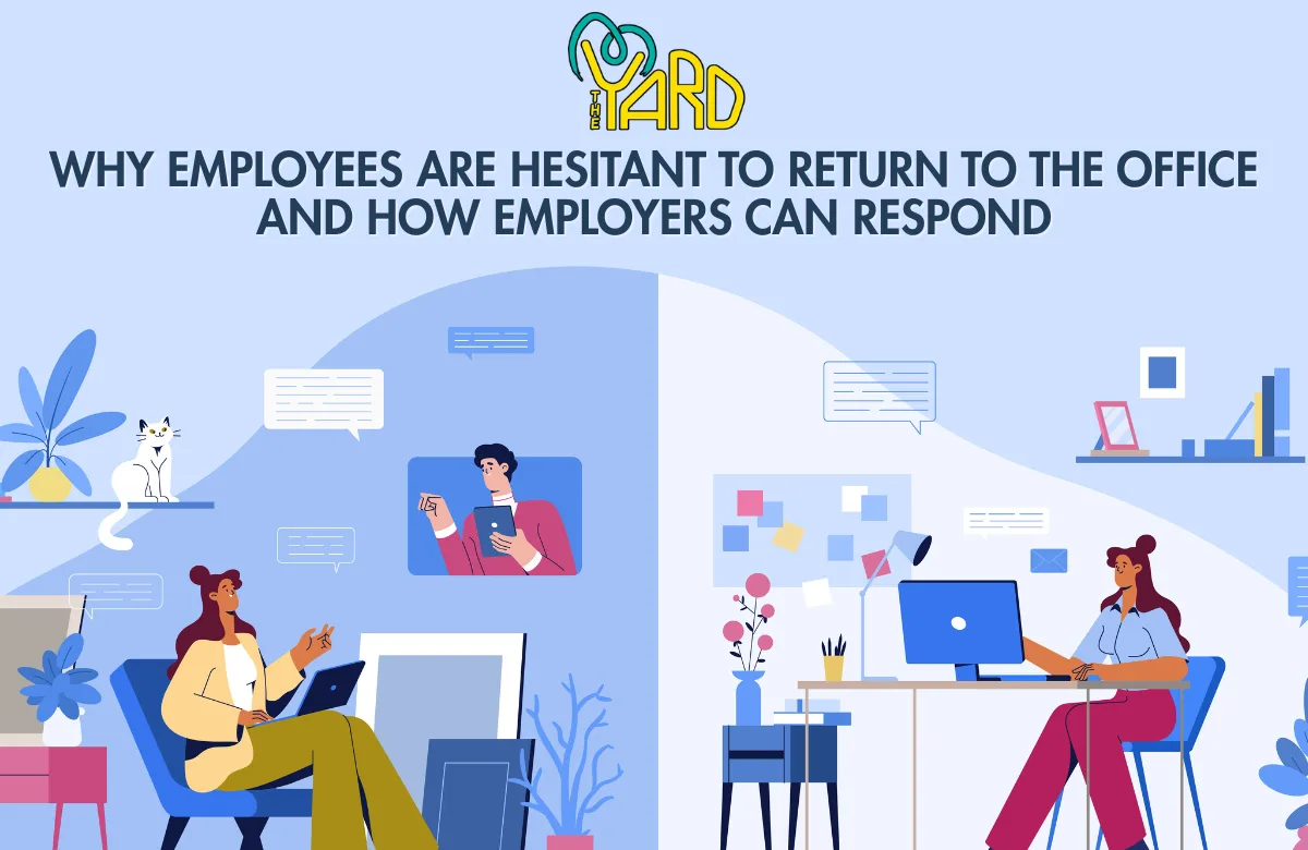 Illustration showing employees working in hybrid settings during the return to the office transition and how employers can respond to RTO challenges