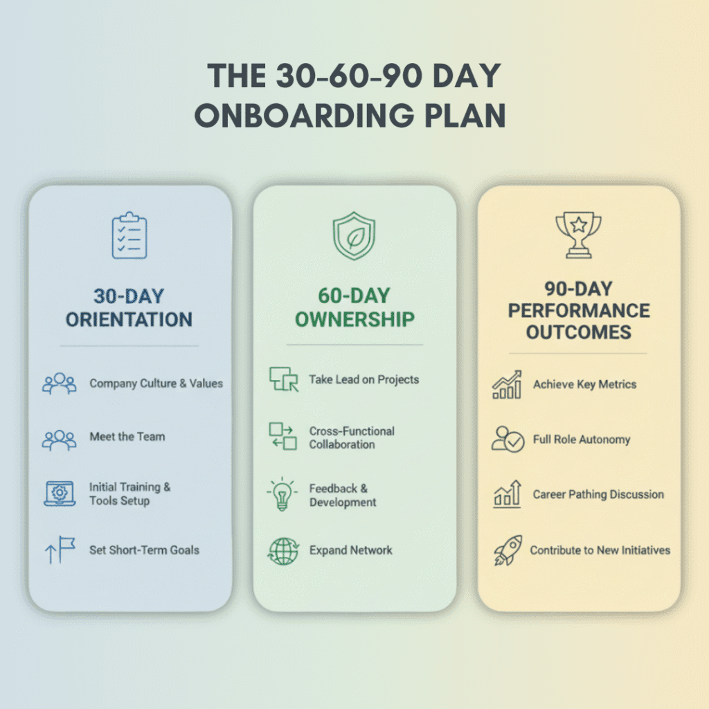Infographic showing the 30-60-90 day onboarding plan outlining orientation, ownership, and performance goals.