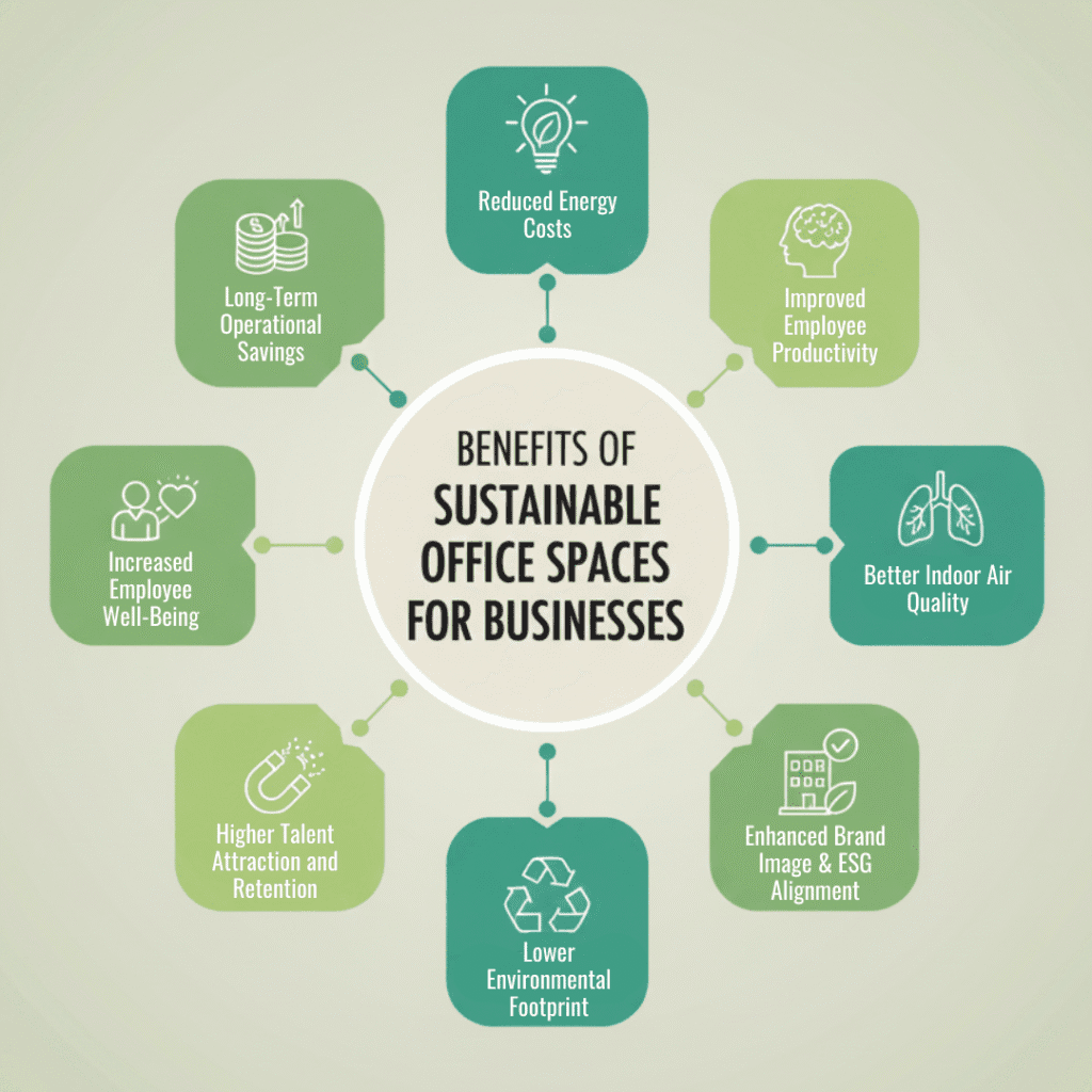 Benefits of sustainable office spaces infographic highlighting reduced energy costs, better air quality, improved productivity, and lower environmental footprint.
