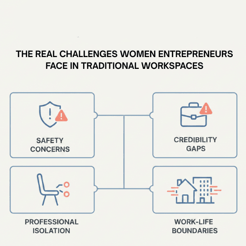 Challenges women entrepreneurs face in traditional workspaces before choosing a coworking space for women in Bangalore