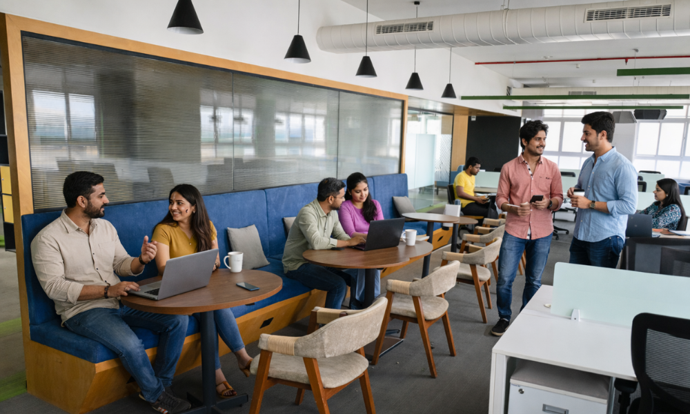 Professionals networking and collaborating in a shared coworking community lounge area