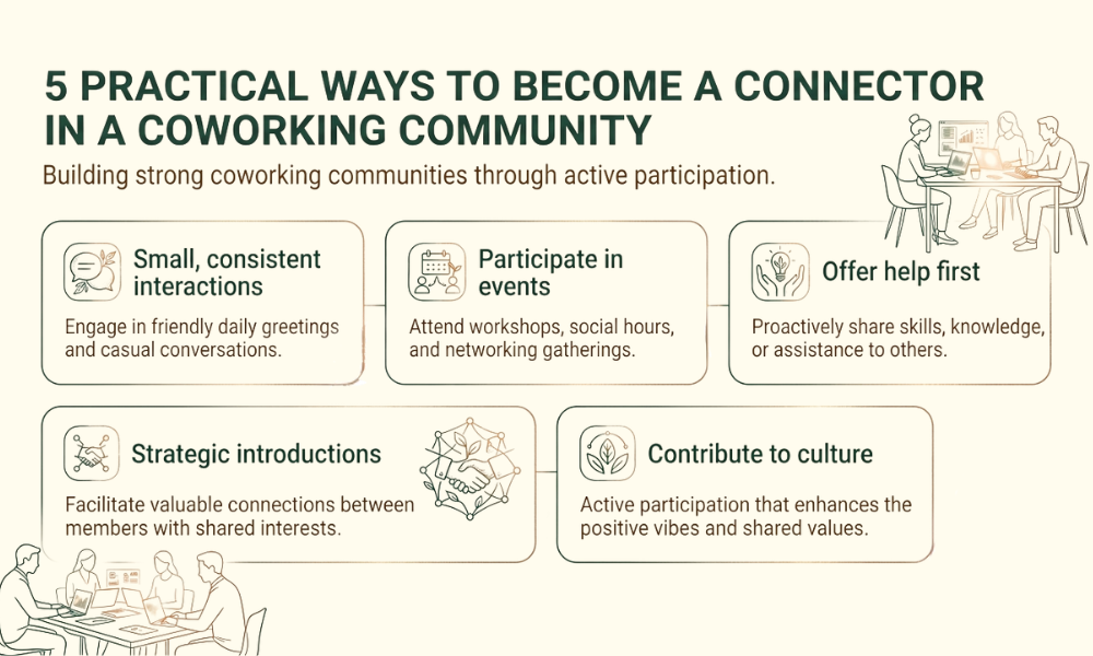 Infographic showing 5 ways to build a strong coworking community through participation, networking, and collaboration