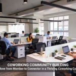 Professionals working in a modern coworking community open workspace showing collaboration and productivity