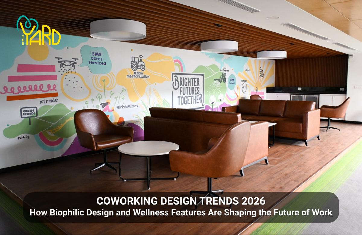 Coworking Design Trends 2026 featuring biophilic design and wellness-focused coworking space interior at The Yard