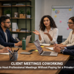 Client meetings in coworking space with professionals discussing ideas in a modern meeting room
