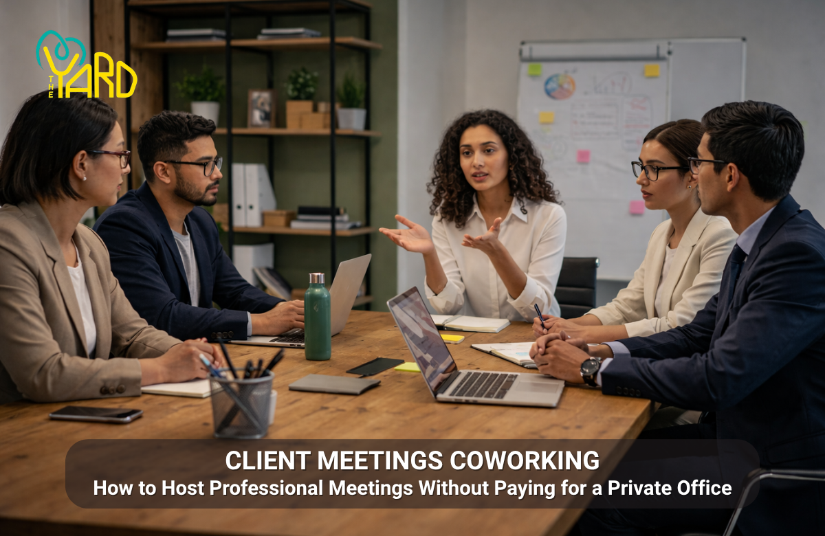 Client meetings in coworking space with professionals discussing ideas in a modern meeting room