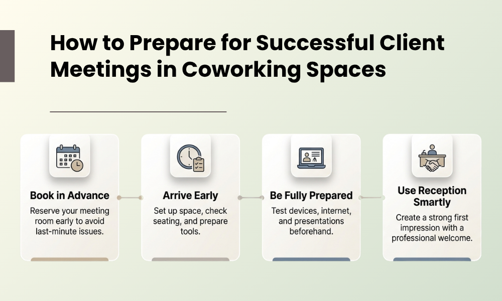How to prepare for client meetings in coworking space with steps like booking, arrival, preparation, and reception use