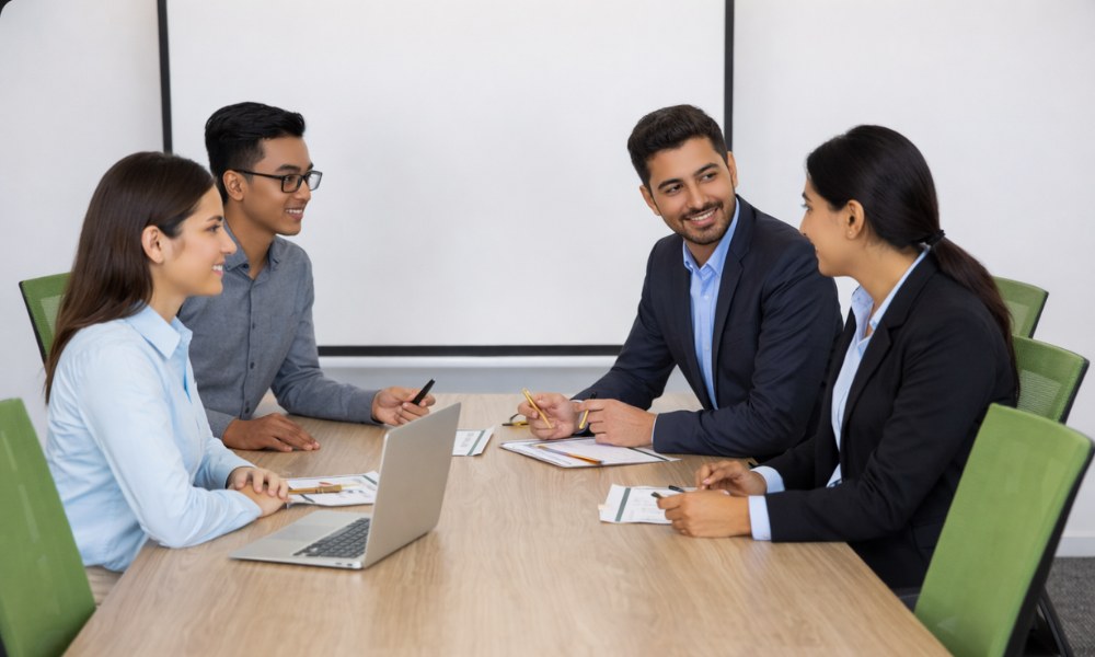 Professional discussion during client meetings in coworking space with team collaboration and laptop