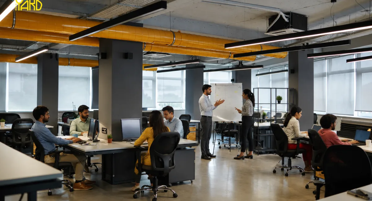 Modern coworking space with professionals collaborating, attending meetings, and working at shared desks in a flexible open-plan office environment.