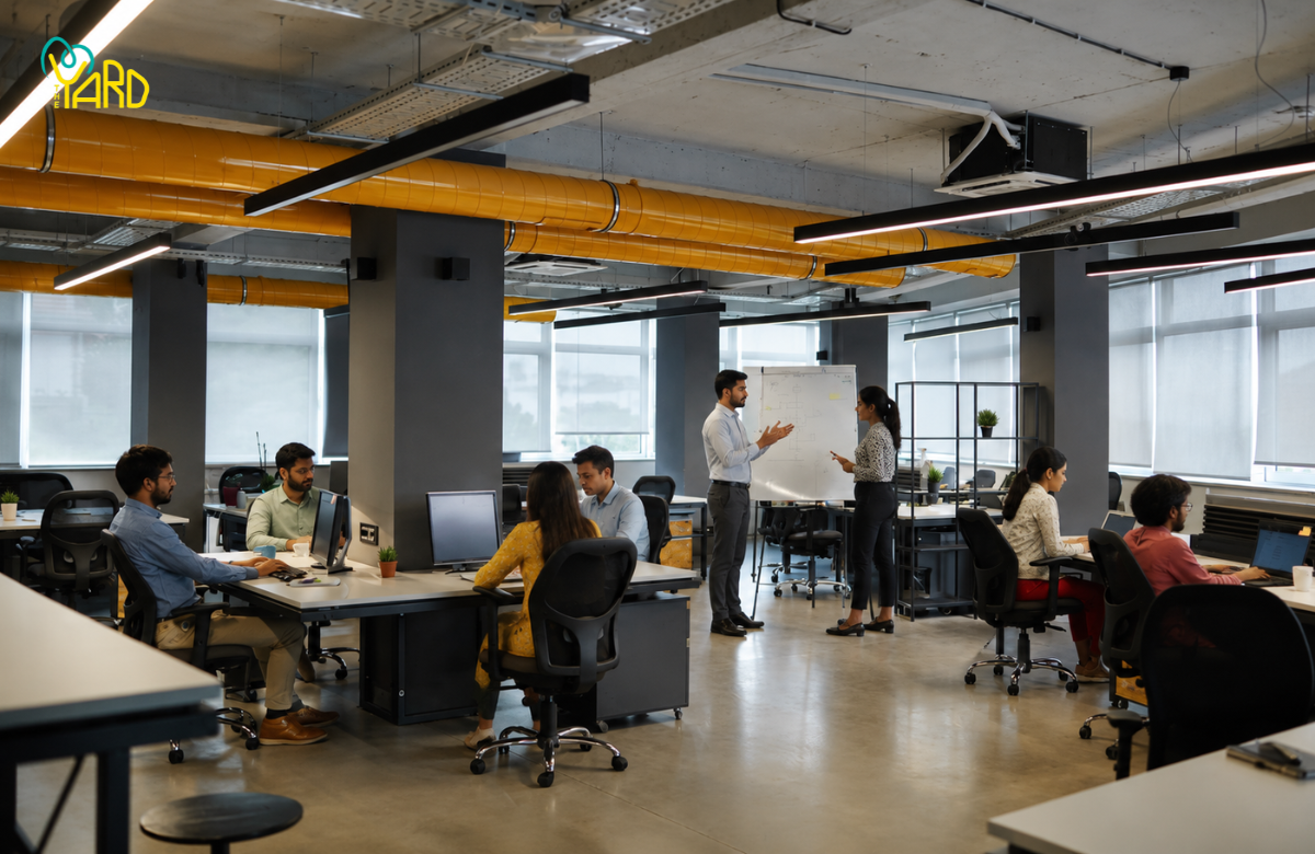 Modern coworking space with professionals collaborating, attending meetings, and working at shared desks in a flexible open-plan office environment.