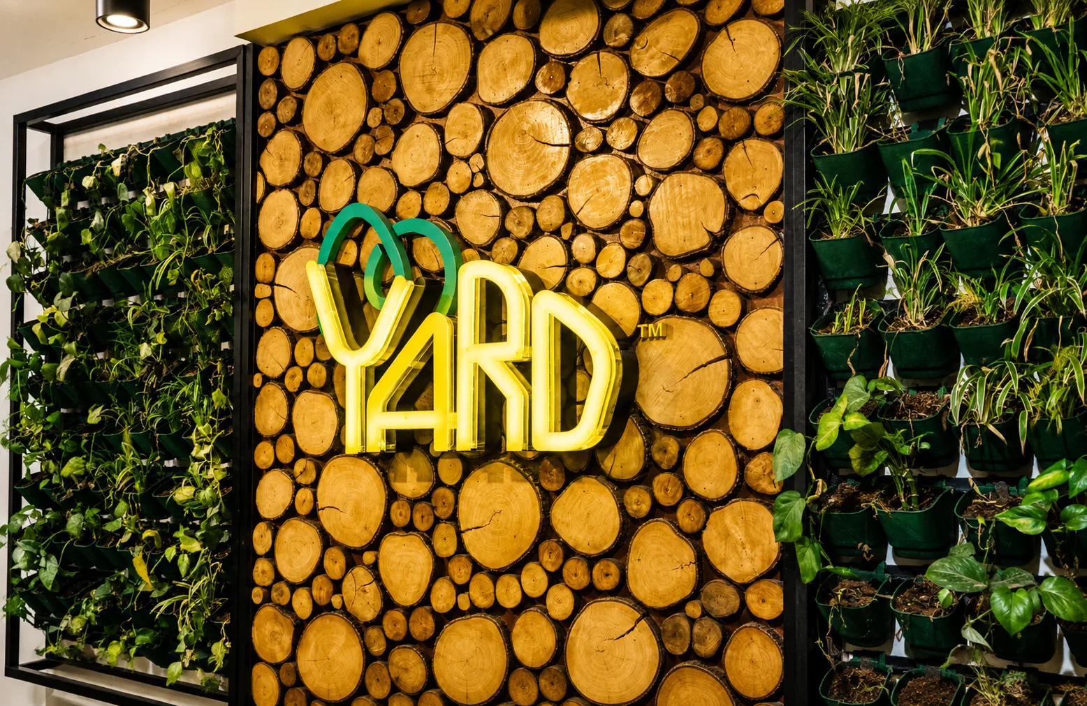 The Yard coworking space entrance featuring a wood log accent wall, indoor vertical garden, and illuminated logo, showcasing a modern eco-friendly workspace design.