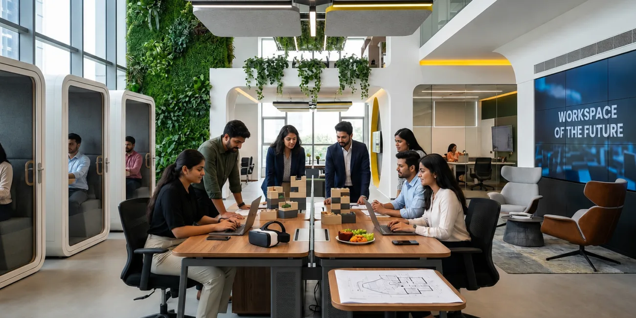 Modern coworking office with professionals working together at shared desks, featuring private work pods, indoor greenery, laptops, and a futuristic workspace design.