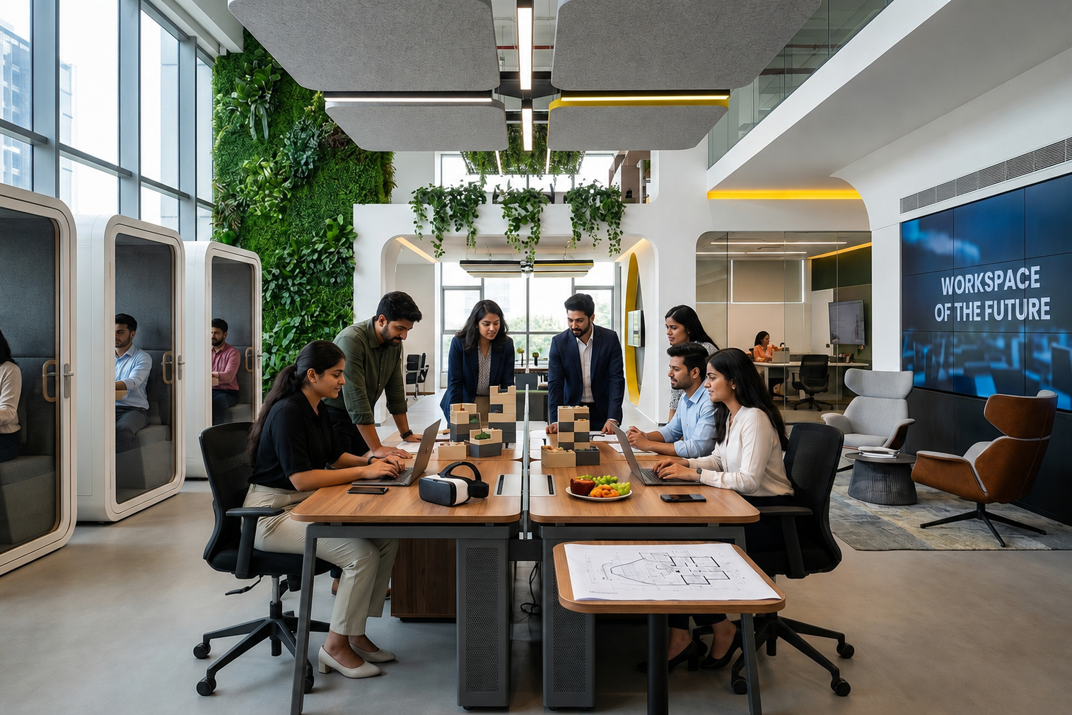 Modern coworking office with professionals working together at shared desks, featuring private work pods, indoor greenery, laptops, and a futuristic workspace design.