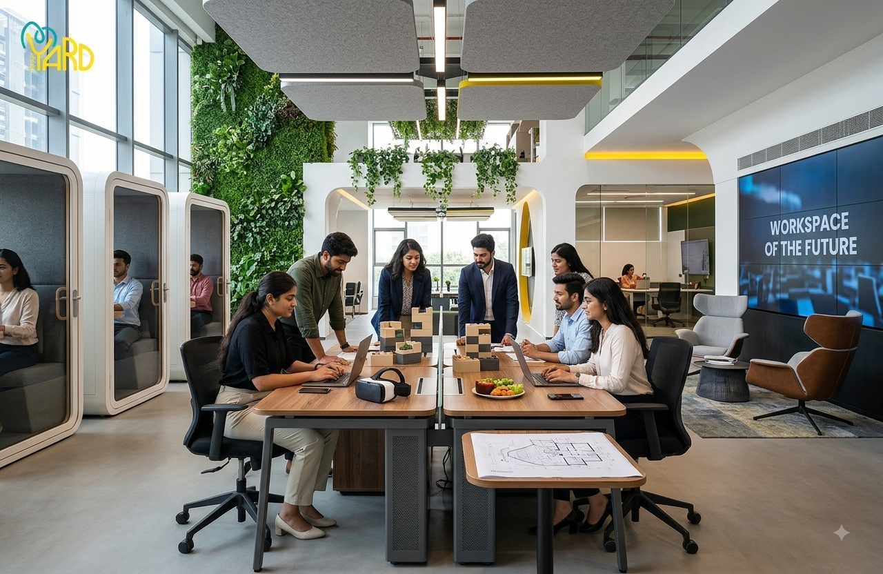 Modern coworking office with professionals working together at shared desks, featuring private work pods, indoor greenery, laptops, and a futuristic workspace design.