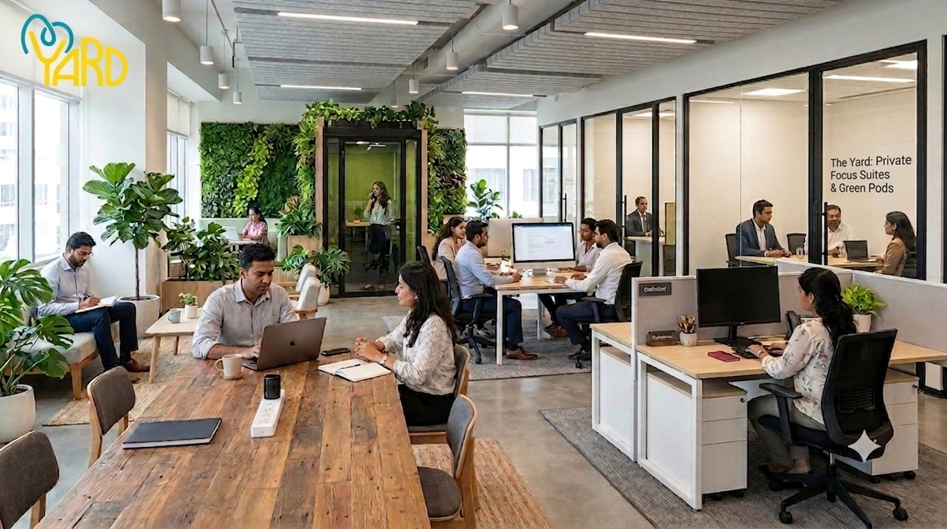 Modern coworking space with professionals working at desks and private office pods