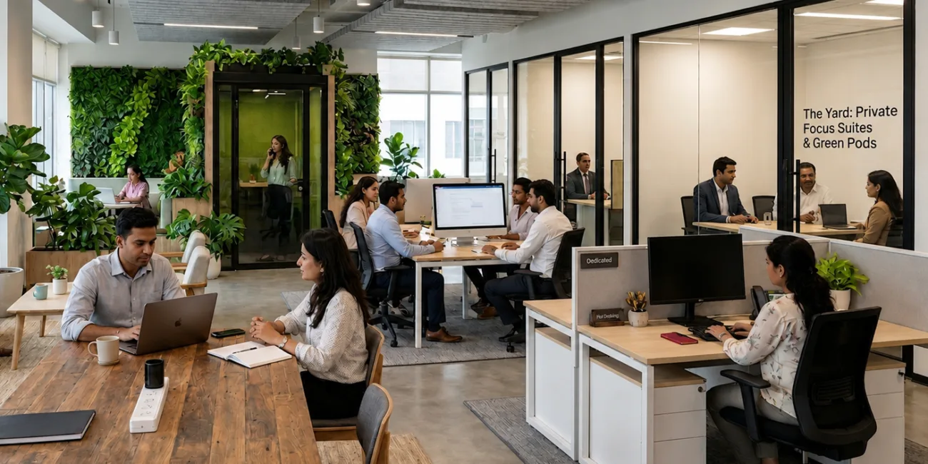 Modern coworking space with professionals working at desks and private office pods