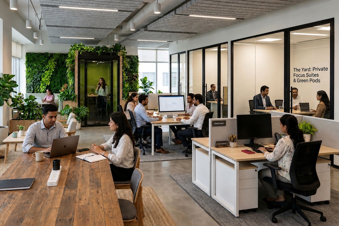 Modern coworking space with professionals working at desks and private office pods
