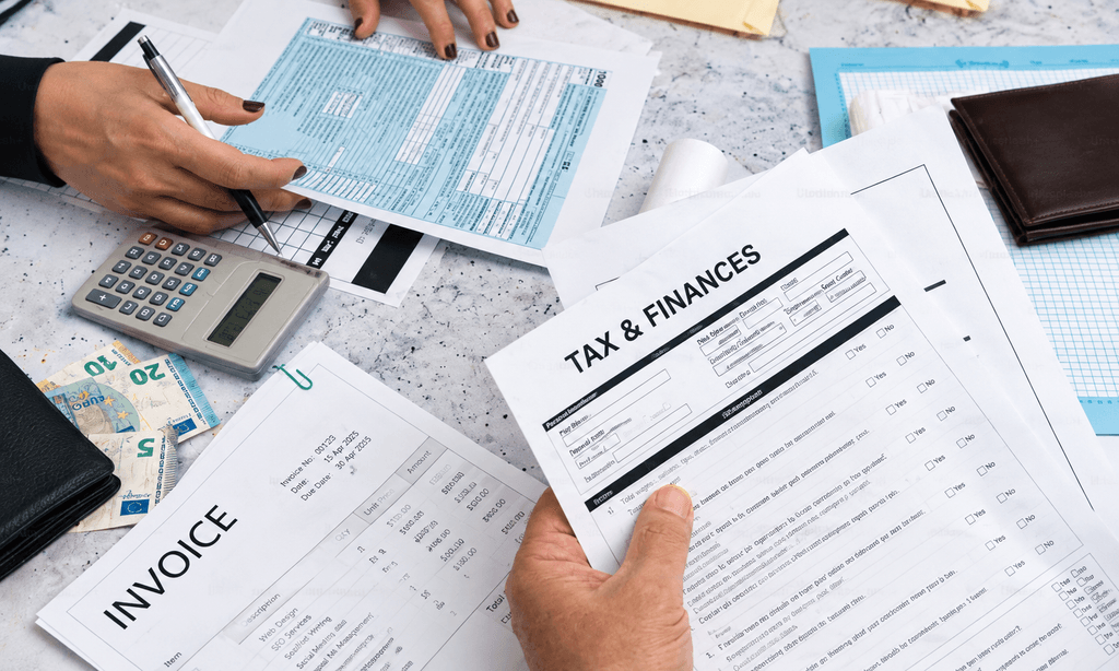 Freelancer reviewing tax invoices and calculating coworking expense deductions