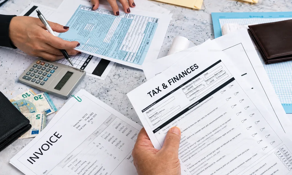 Freelancer reviewing tax invoices and calculating coworking expense deductions