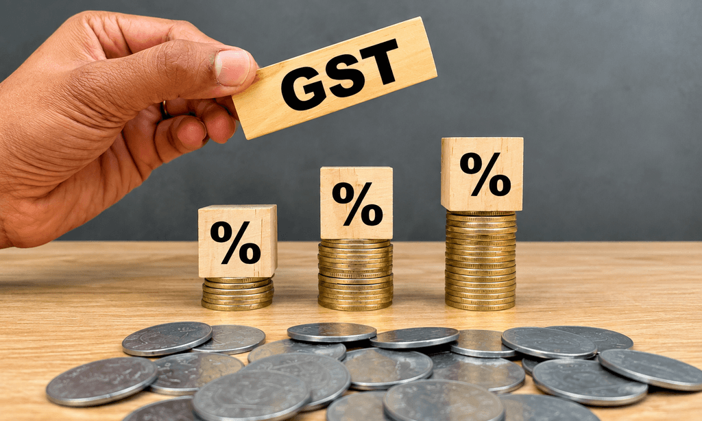 GST percentage blocks stacked on coins representing GST on coworking space services