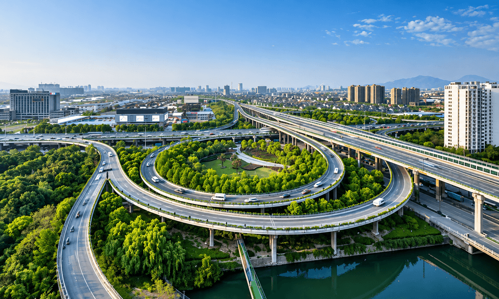 Aerial view of a ring road interchange with greenery, illustrating urban connectivity infrastructure