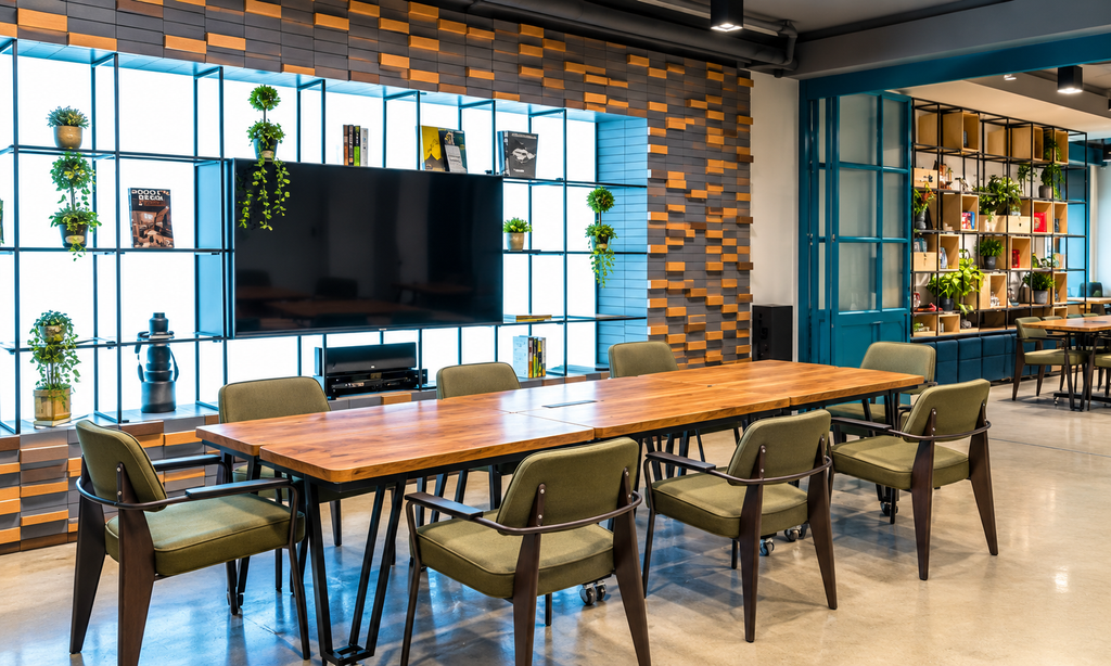 Coworking meeting area with a long wooden table, green chairs and modern shelving at The Yard