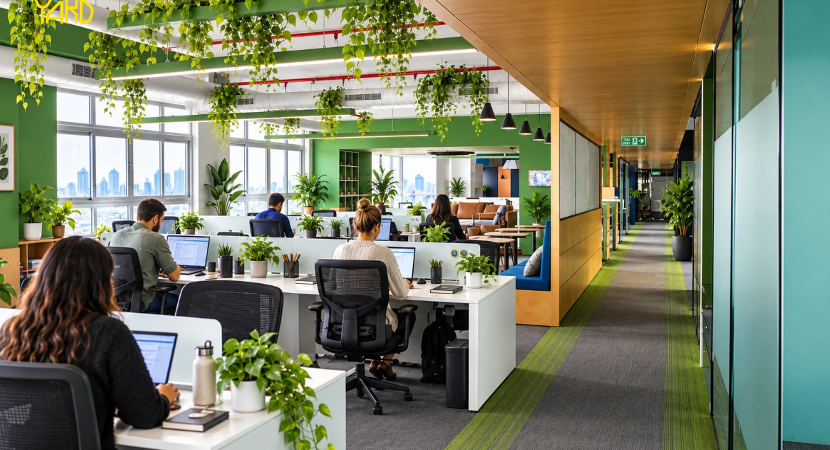 Coworking space with open desks, hanging plants and professionals working on laptops