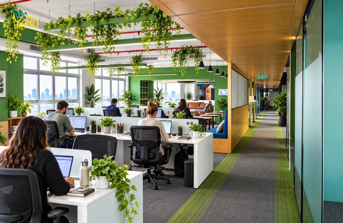 Coworking space with open desks, hanging plants and professionals working on laptops