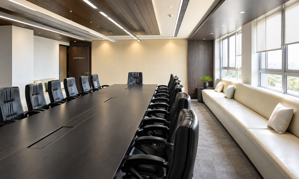 Modern coworking conference room with a long meeting table, black office chairs and large windows