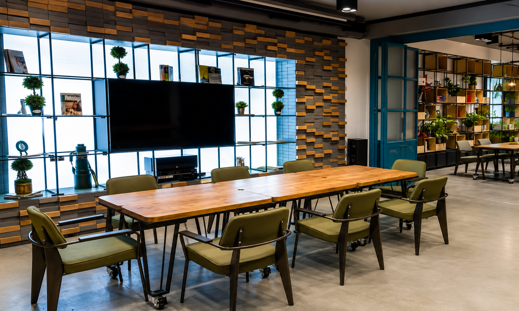 Meeting table with green chairs and TV display wall at The Yard coworking space